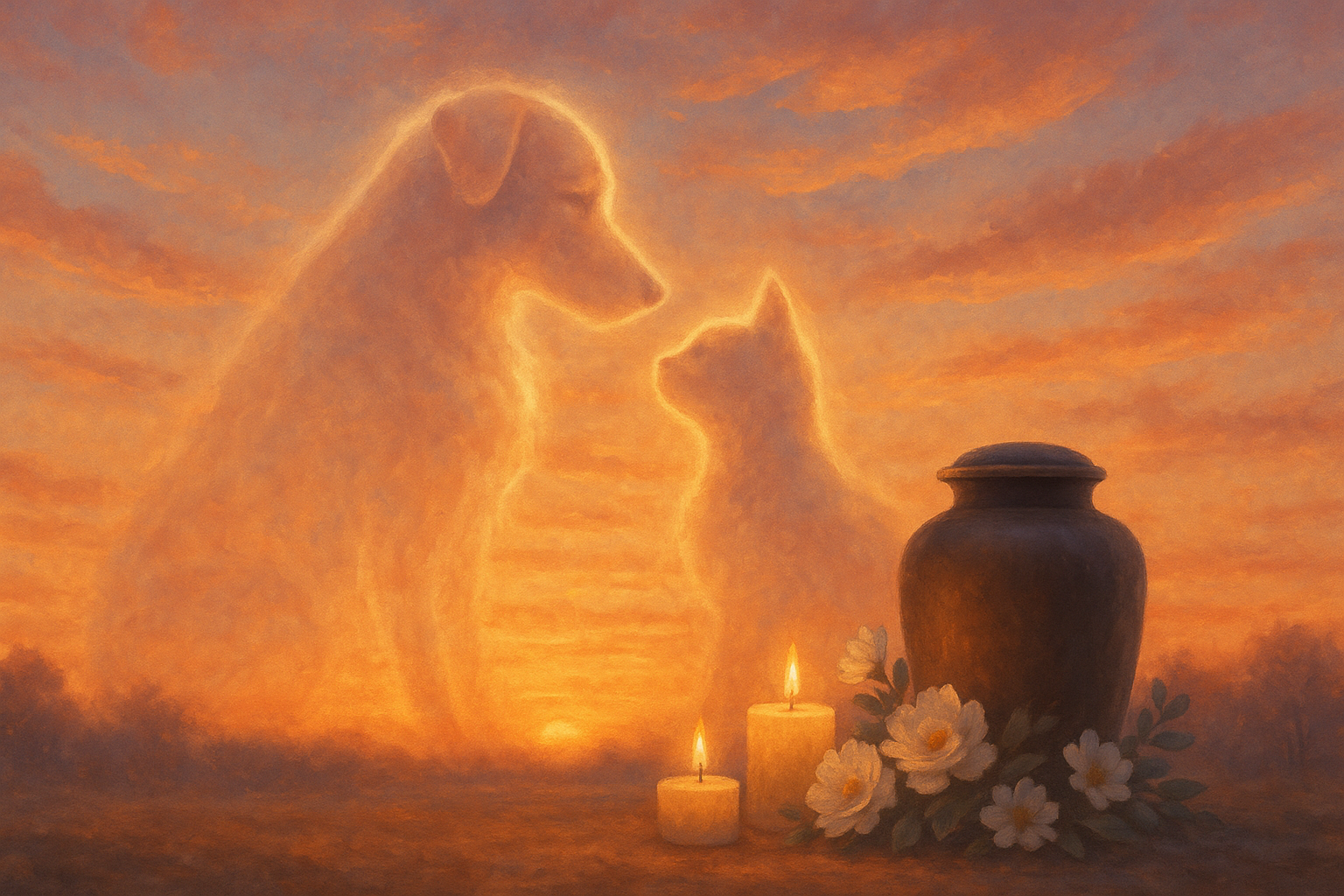 Homenaje a mascota: perro y gato al atardecer junto a urna, flores y velas